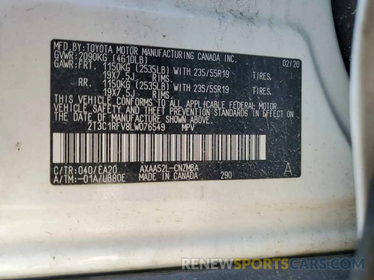 13 Photograph of a damaged car 2T3C1RFV8LW076549 TOYOTA RAV4 2020