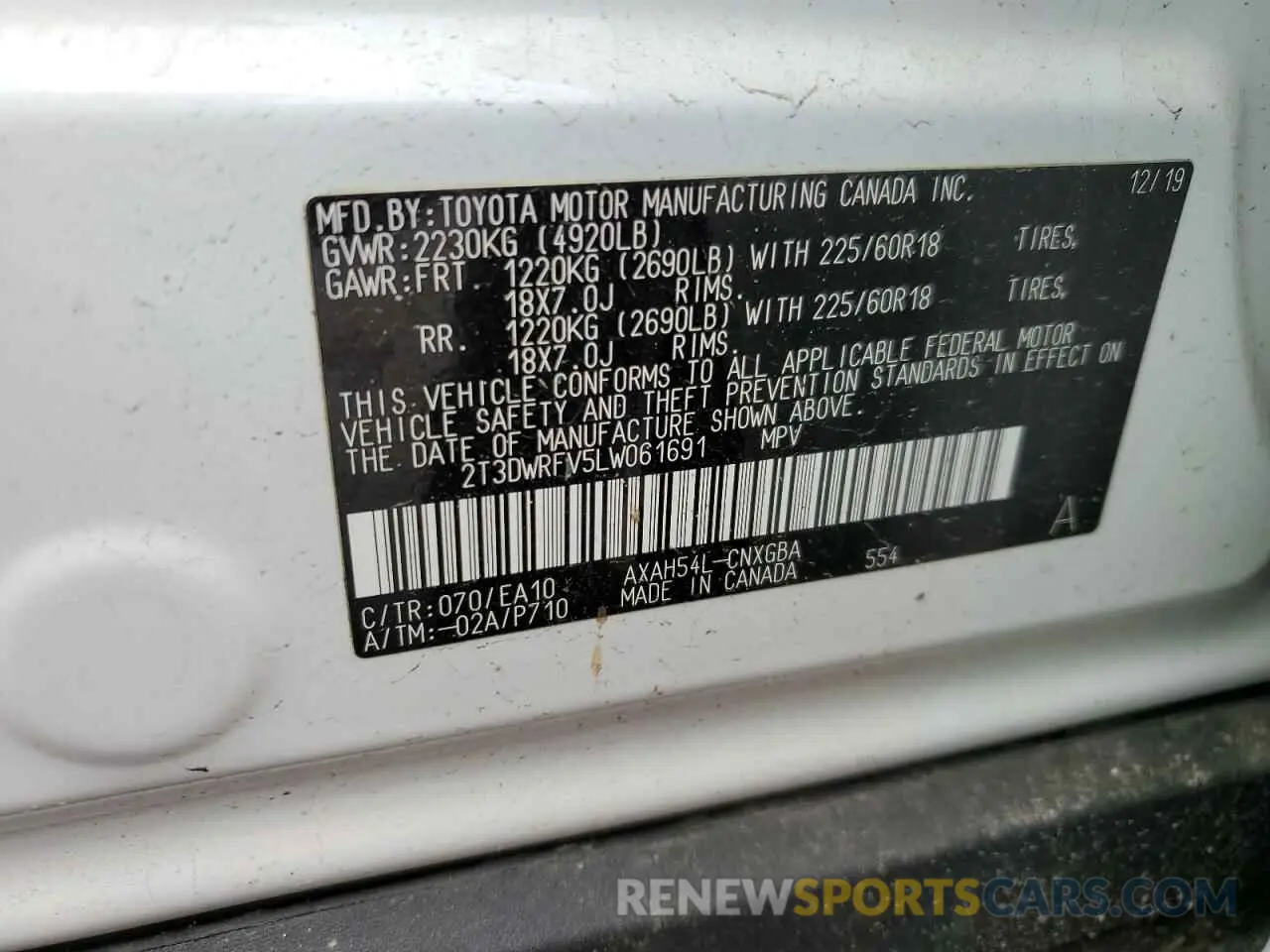 14 Photograph of a damaged car 2T3DWRFV5LW061691 TOYOTA RAV4 2020