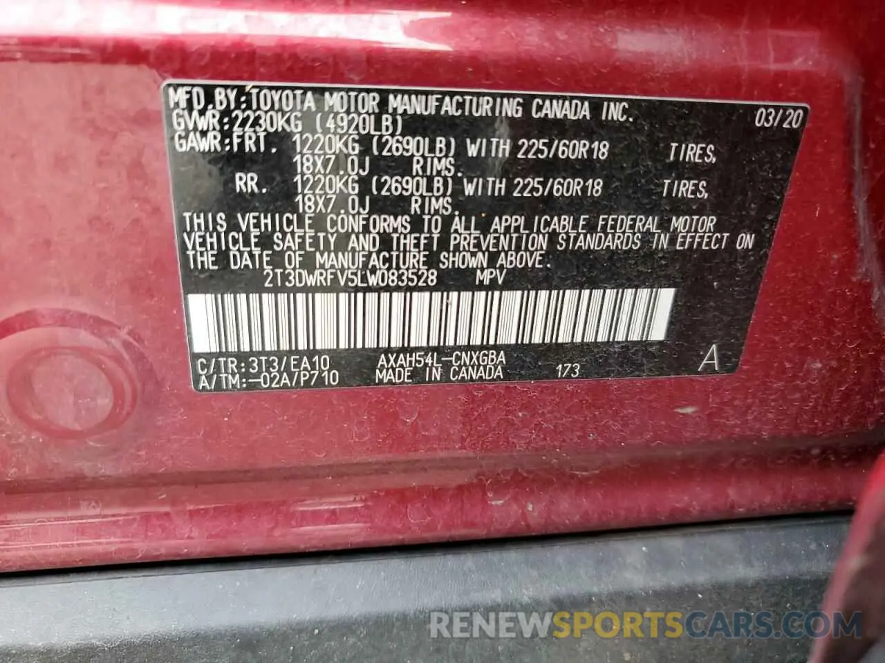 13 Photograph of a damaged car 2T3DWRFV5LW083528 TOYOTA RAV4 2020