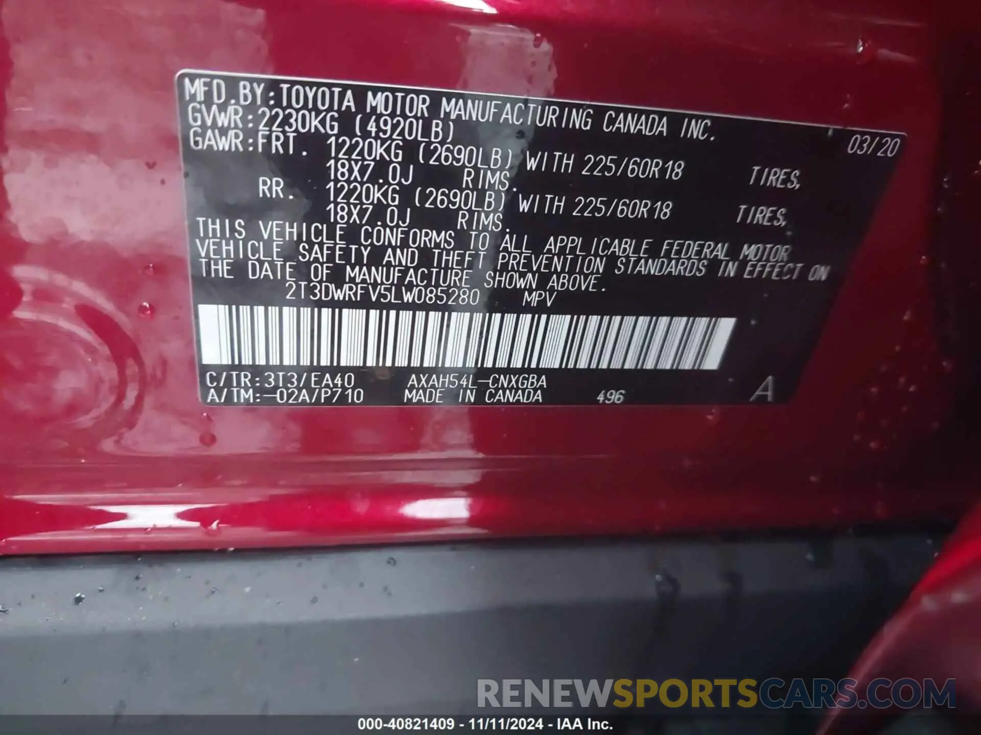 9 Photograph of a damaged car 2T3DWRFV5LW085280 TOYOTA RAV4 2020