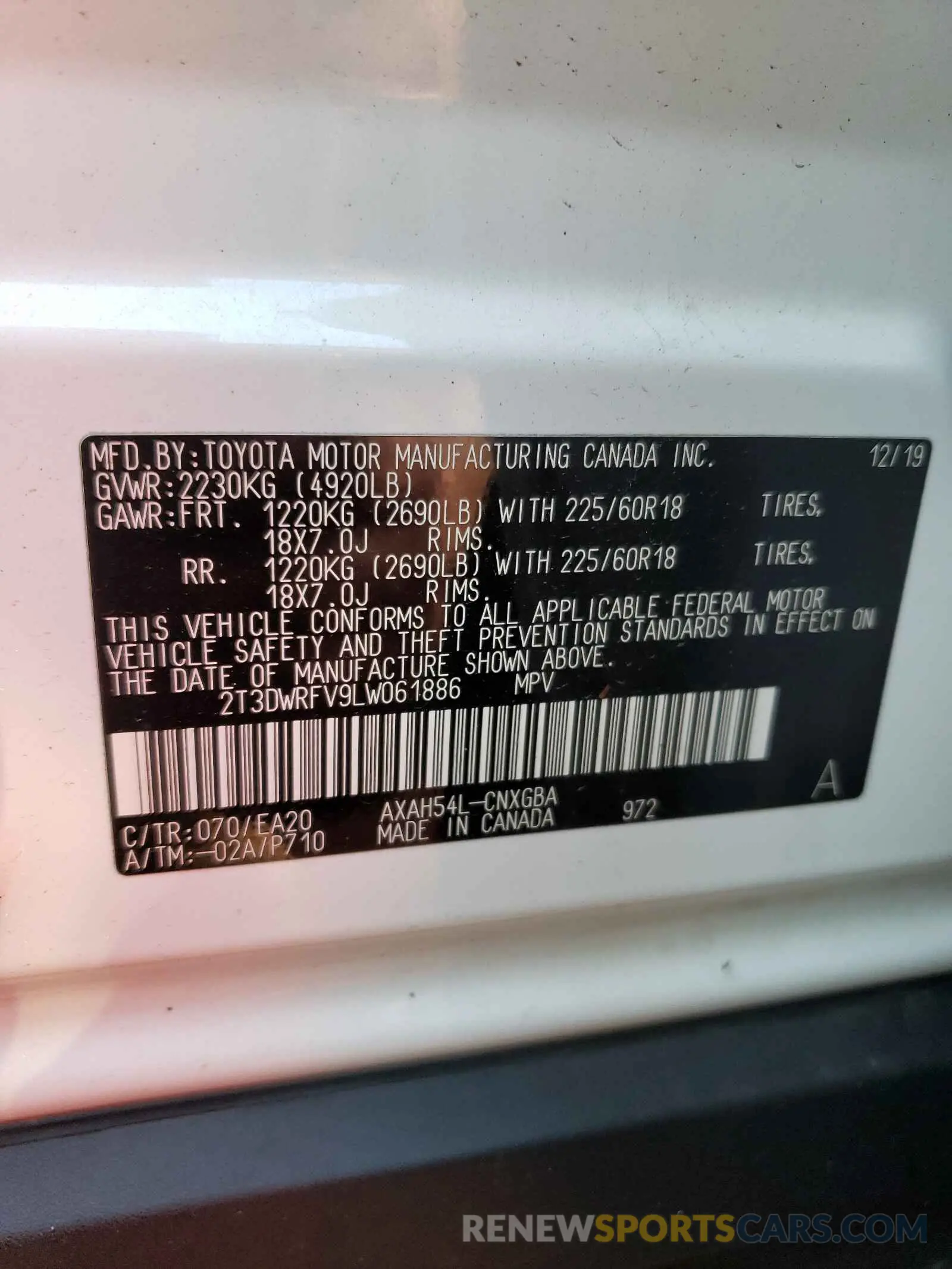 10 Photograph of a damaged car 2T3DWRFV9LW061886 TOYOTA RAV4 2020