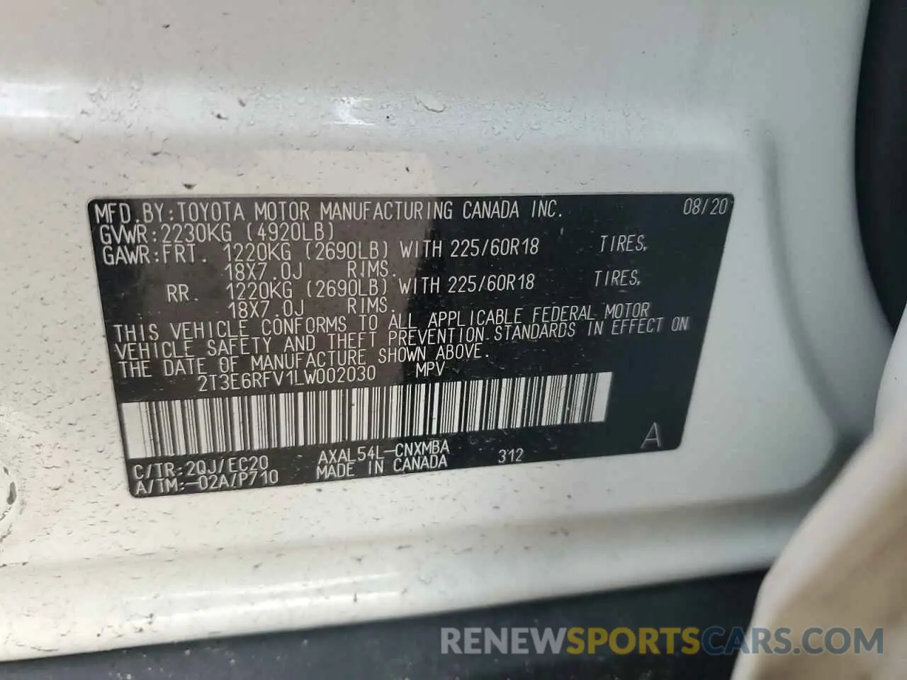 13 Photograph of a damaged car 2T3E6RFV1LW002030 TOYOTA RAV4 2020