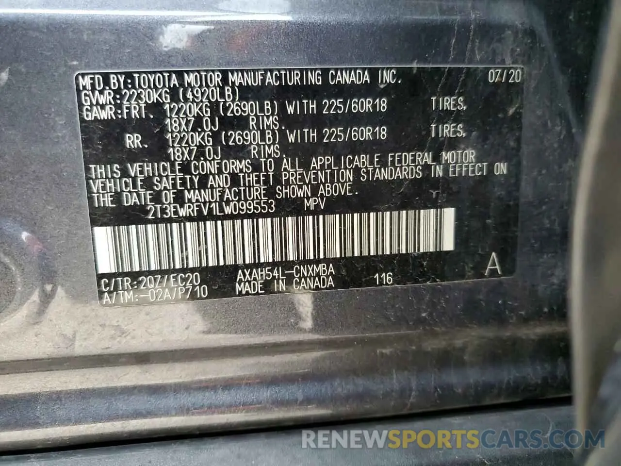 15 Photograph of a damaged car 2T3EWRFV1LW099553 TOYOTA RAV4 2020