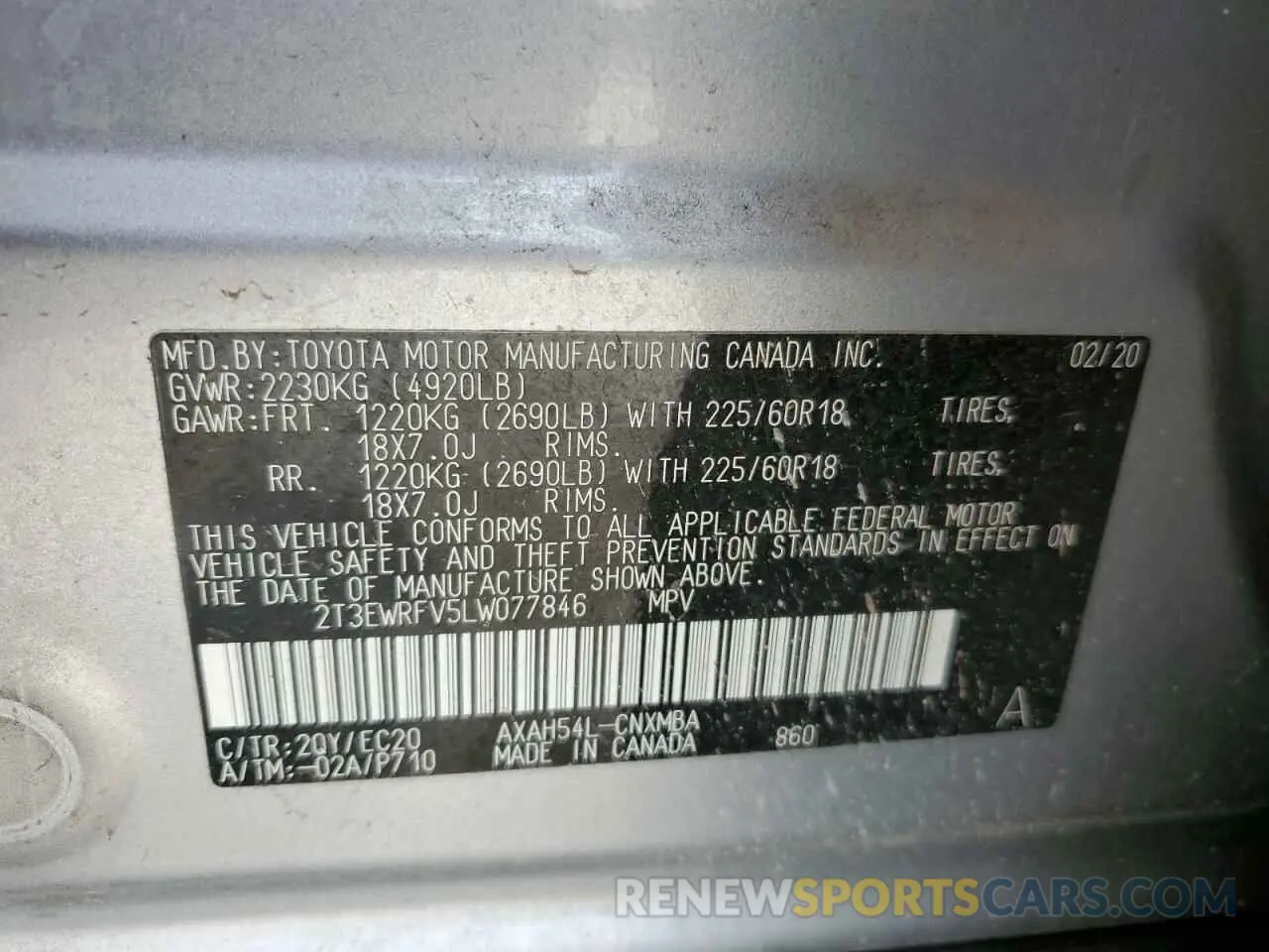 13 Photograph of a damaged car 2T3EWRFV5LW077846 TOYOTA RAV4 2020