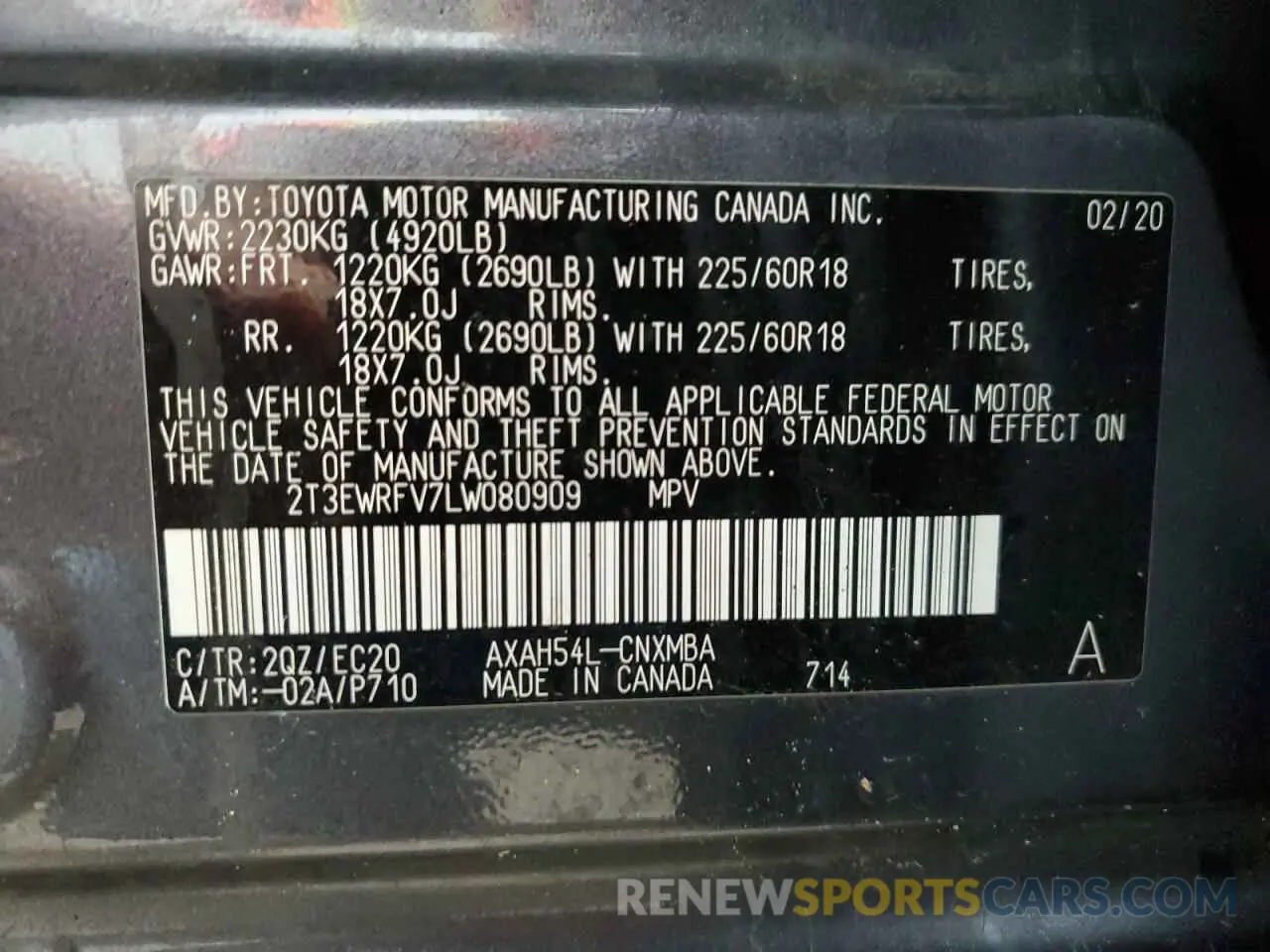 13 Photograph of a damaged car 2T3EWRFV7LW080909 TOYOTA RAV4 2020