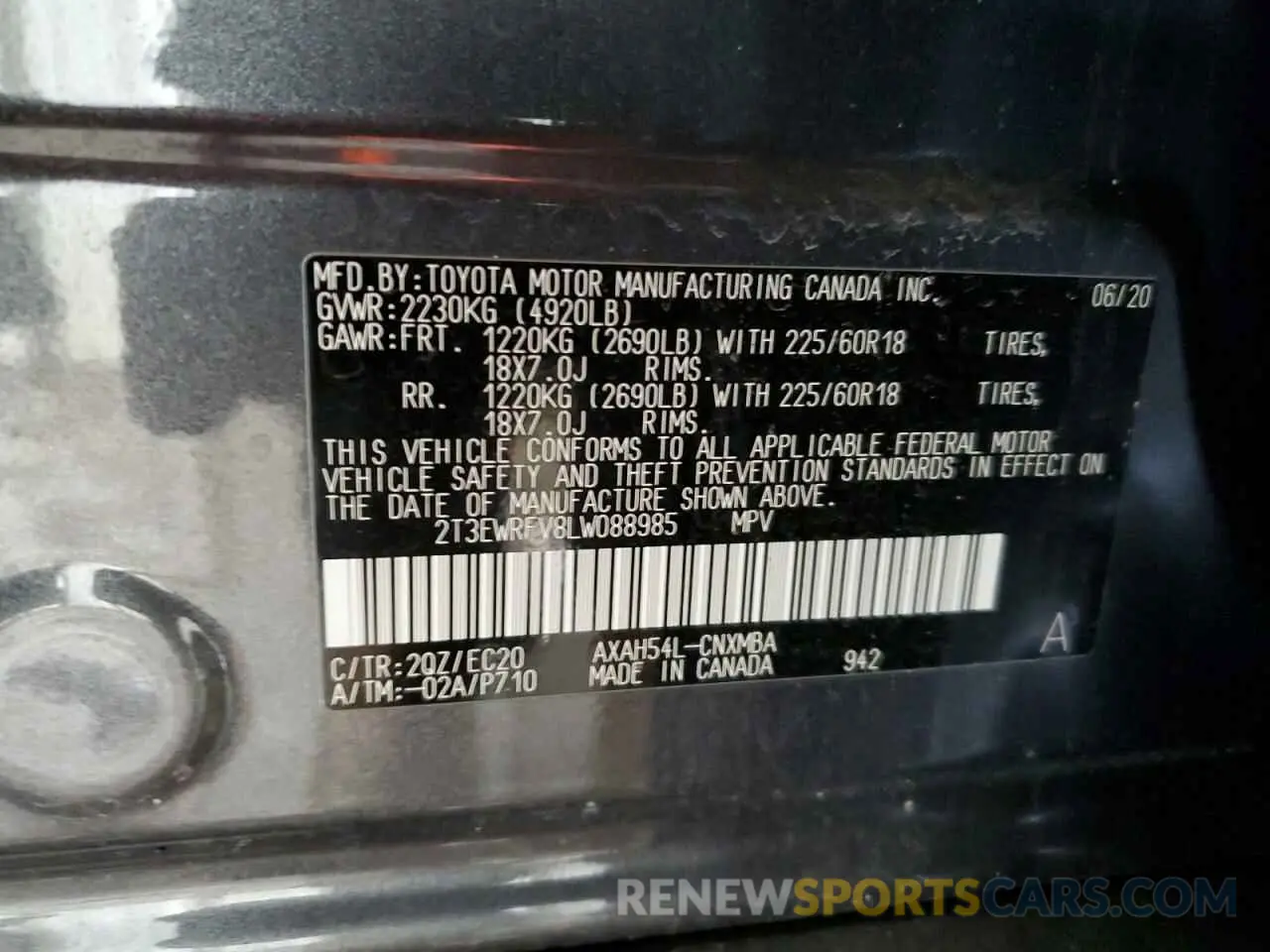 13 Photograph of a damaged car 2T3EWRFV8LW088985 TOYOTA RAV4 2020