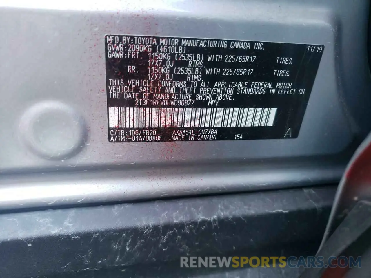 13 Photograph of a damaged car 2T3F1RFV0LW090877 TOYOTA RAV4 2020