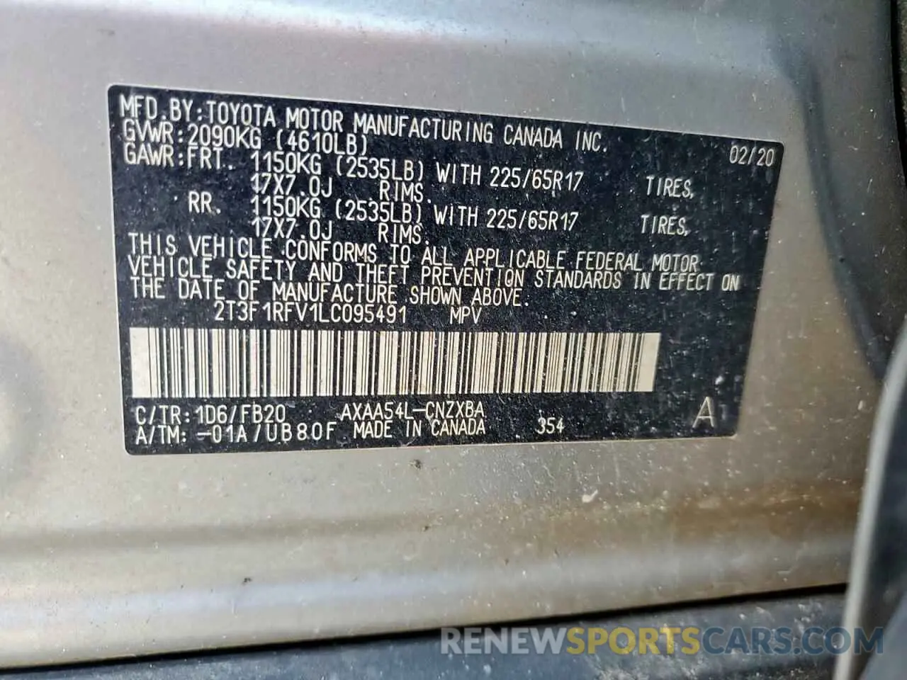 14 Photograph of a damaged car 2T3F1RFV1LC095491 TOYOTA RAV4 2020