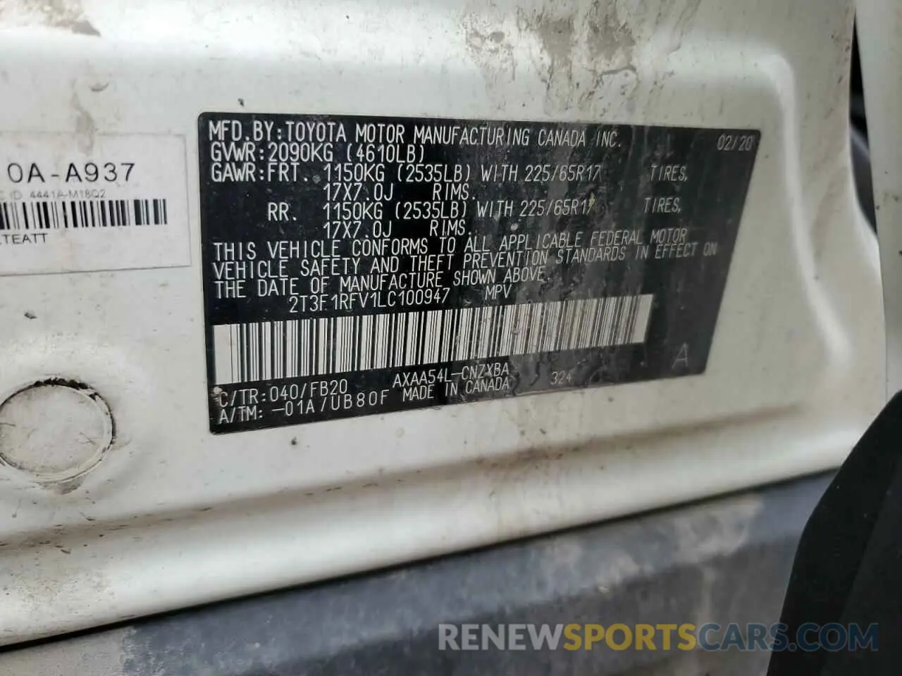 13 Photograph of a damaged car 2T3F1RFV1LC100947 TOYOTA RAV4 2020