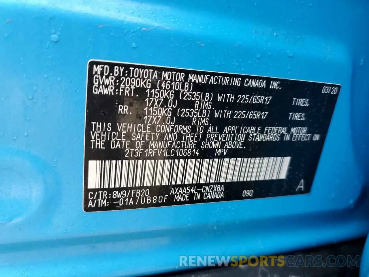 13 Photograph of a damaged car 2T3F1RFV1LC106814 TOYOTA RAV4 2020
