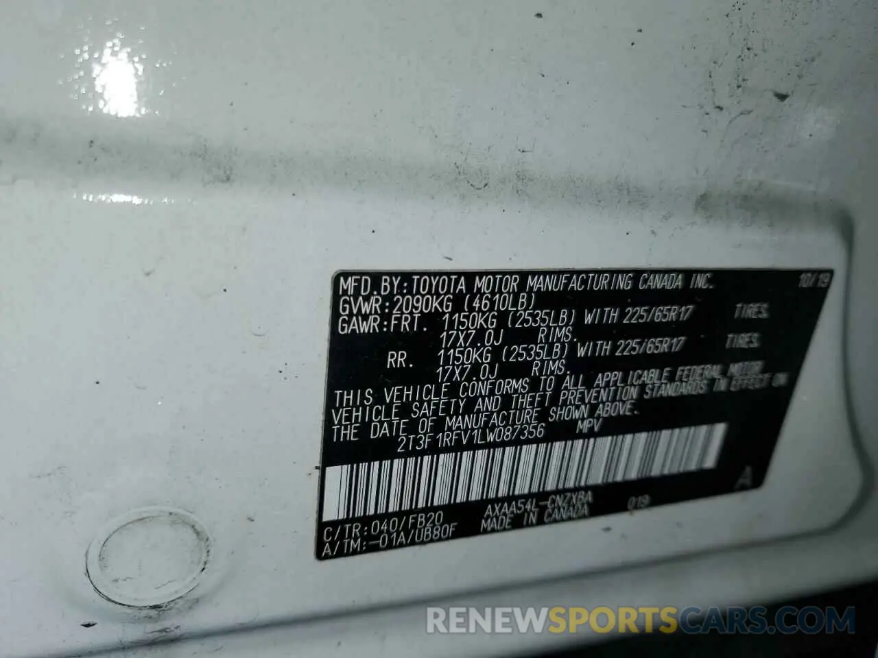 13 Photograph of a damaged car 2T3F1RFV1LW087356 TOYOTA RAV4 2020