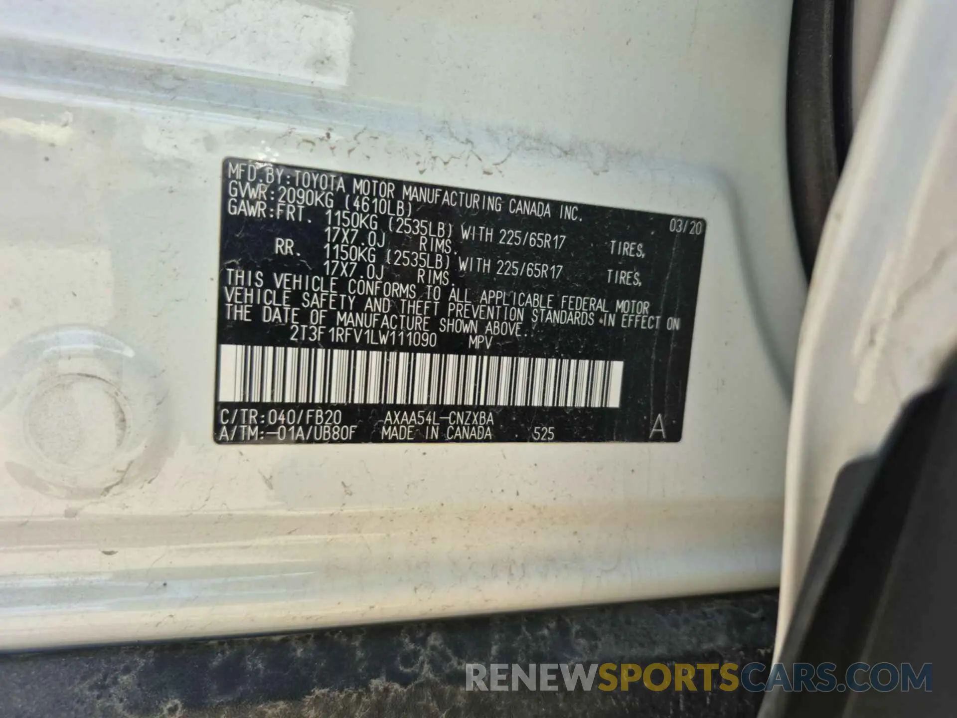 14 Photograph of a damaged car 2T3F1RFV1LW111090 TOYOTA RAV4 2020