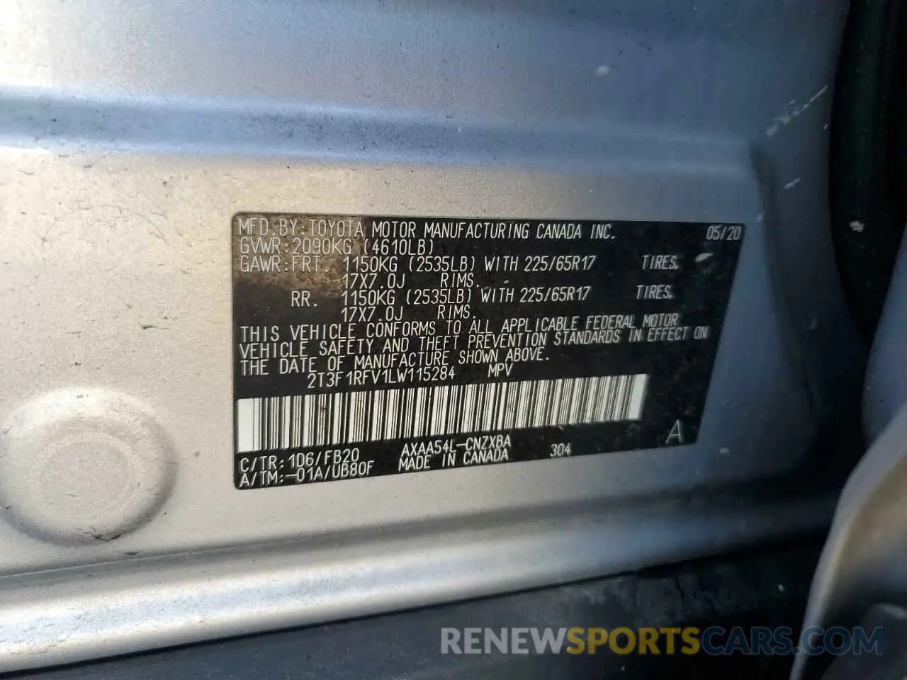 13 Photograph of a damaged car 2T3F1RFV1LW115284 TOYOTA RAV4 2020