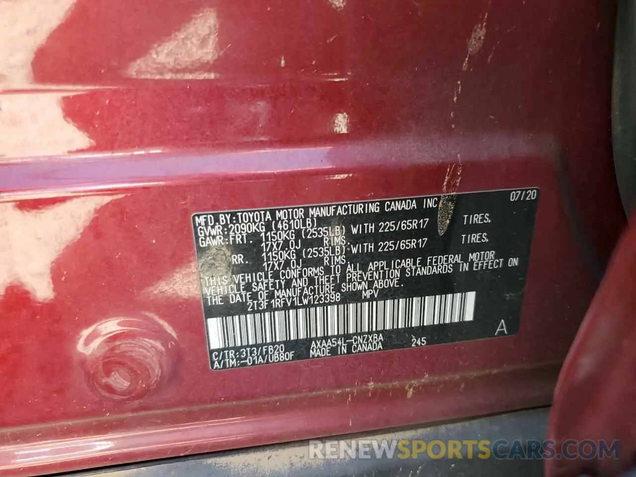 14 Photograph of a damaged car 2T3F1RFV1LW123398 TOYOTA RAV4 2020