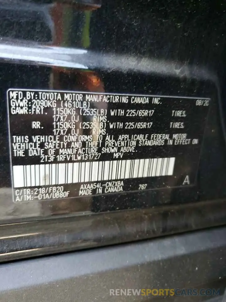 13 Photograph of a damaged car 2T3F1RFV1LW131727 TOYOTA RAV4 2020