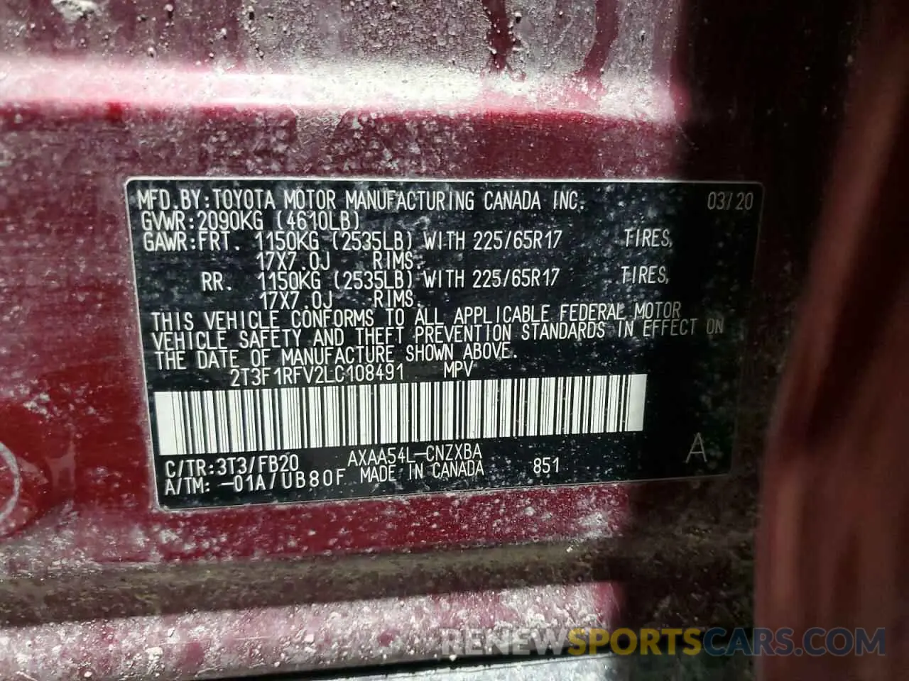 14 Photograph of a damaged car 2T3F1RFV2LC108491 TOYOTA RAV4 2020