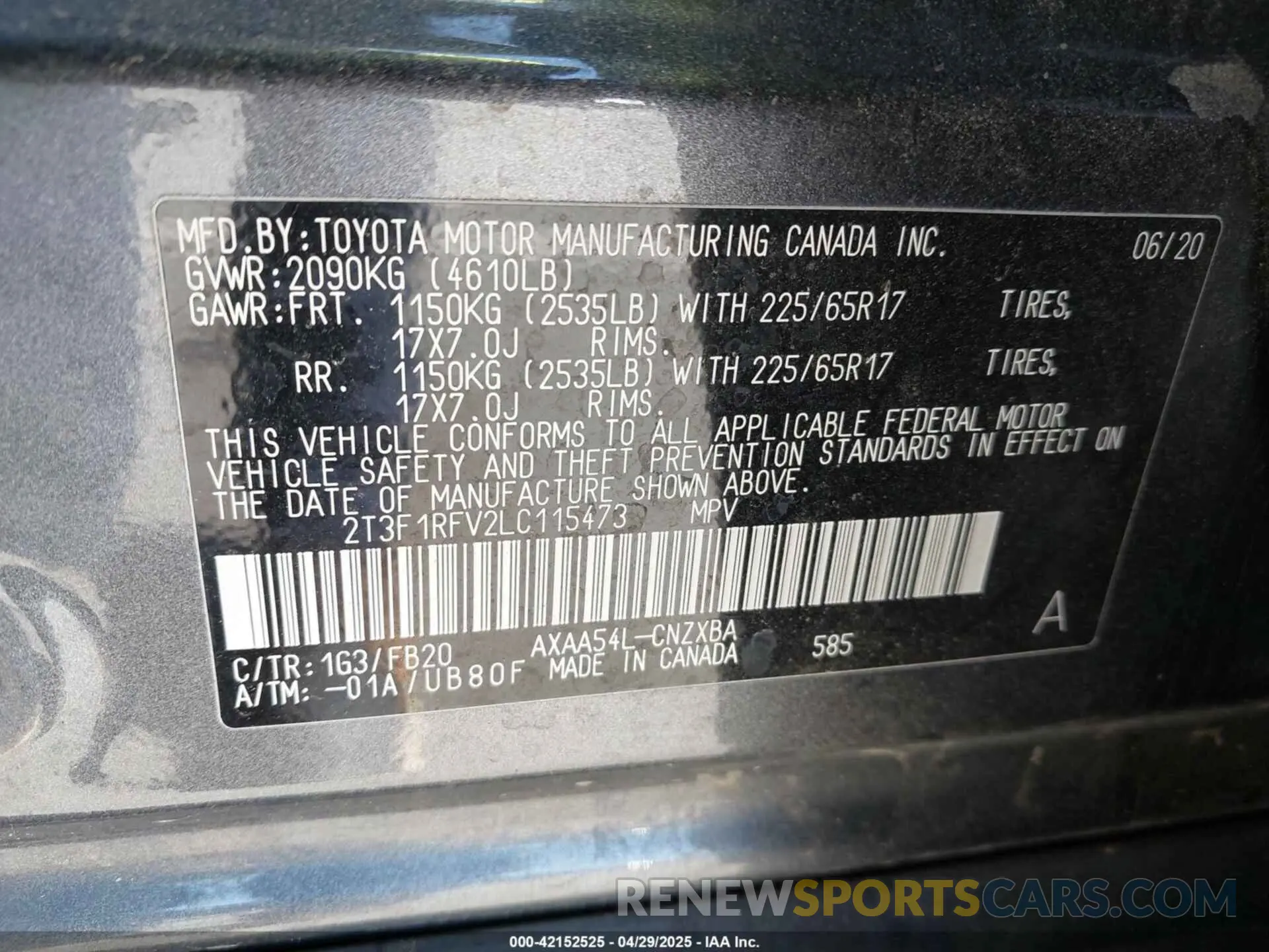 9 Photograph of a damaged car 2T3F1RFV2LC115473 TOYOTA RAV4 2020