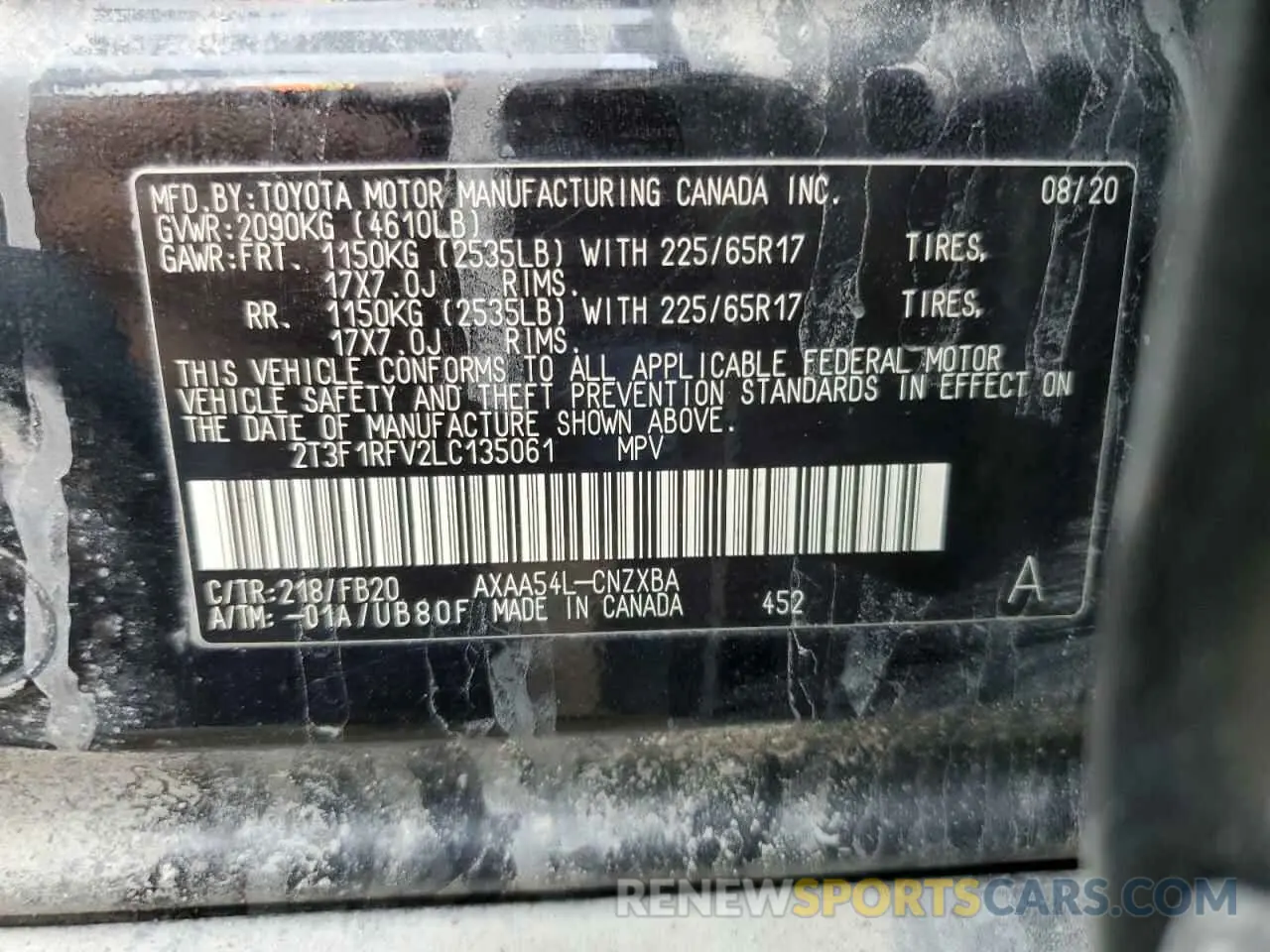 14 Photograph of a damaged car 2T3F1RFV2LC135061 TOYOTA RAV4 2020