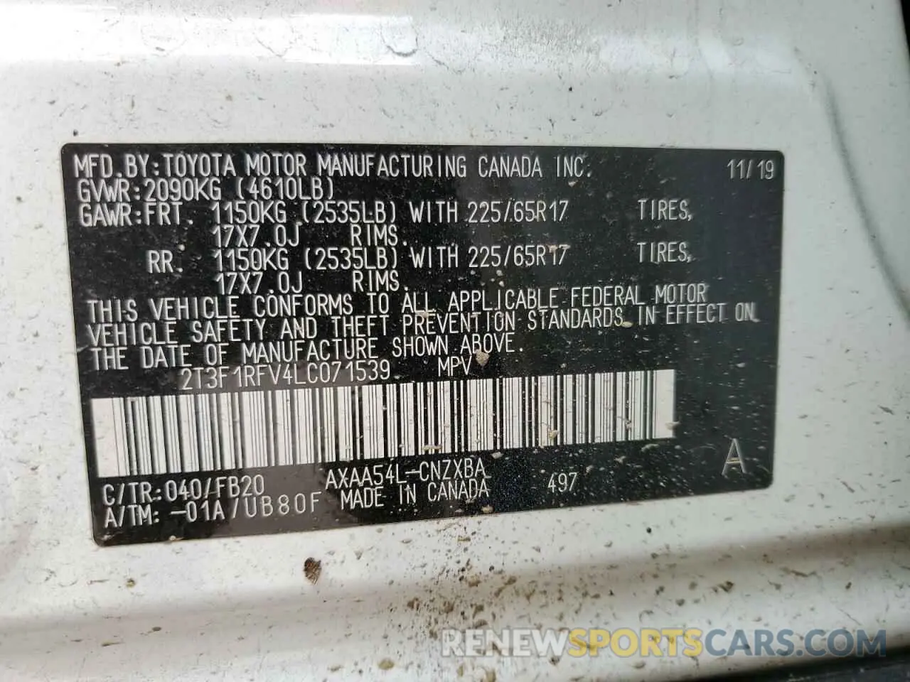 10 Photograph of a damaged car 2T3F1RFV4LC071539 TOYOTA RAV4 2020