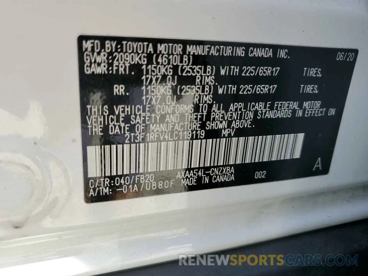 14 Photograph of a damaged car 2T3F1RFV4LC119119 TOYOTA RAV4 2020