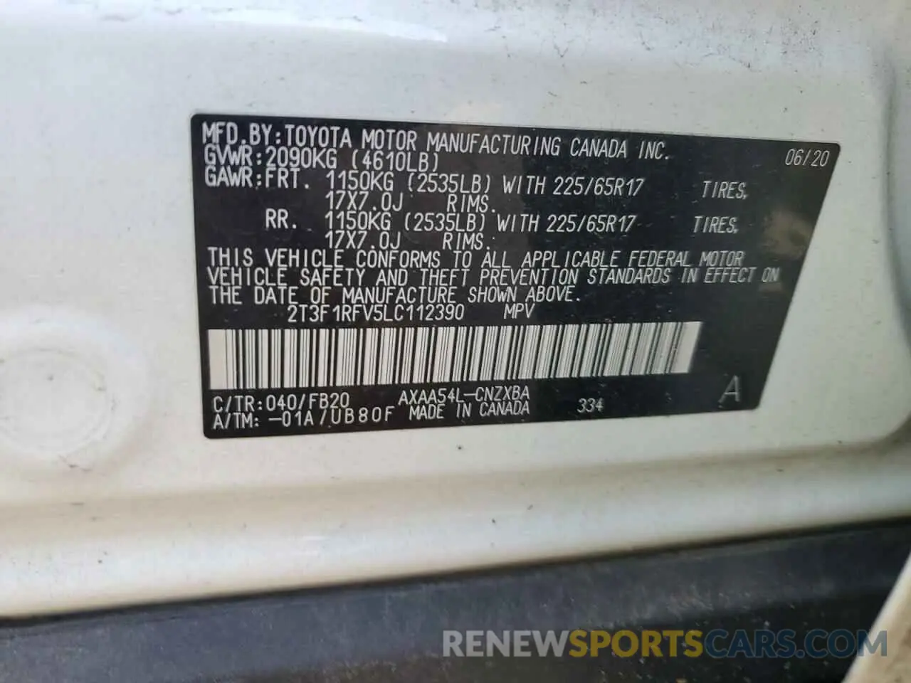 13 Photograph of a damaged car 2T3F1RFV5LC112390 TOYOTA RAV4 2020