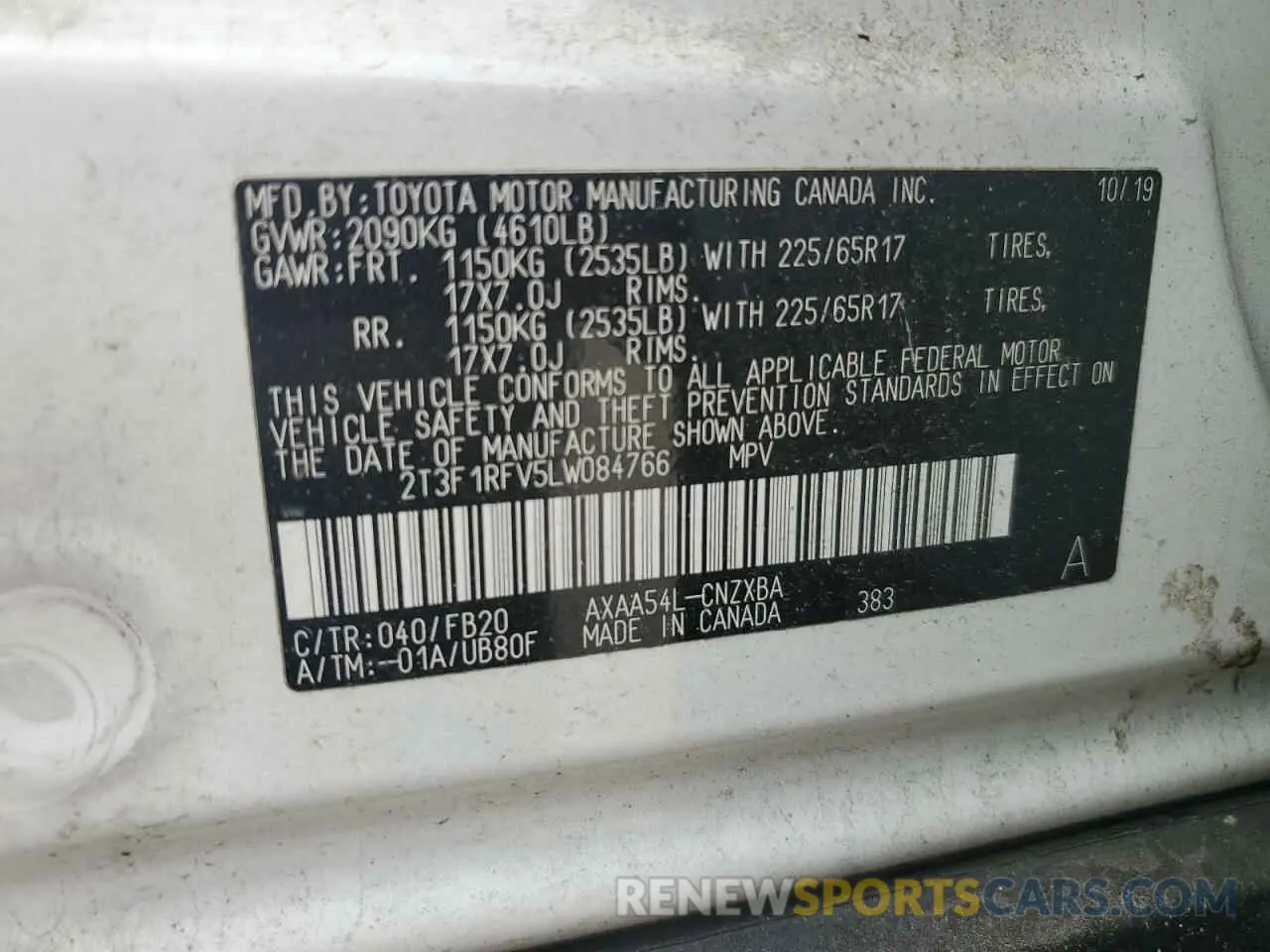 16 Photograph of a damaged car 2T3F1RFV5LW084766 TOYOTA RAV4 2020