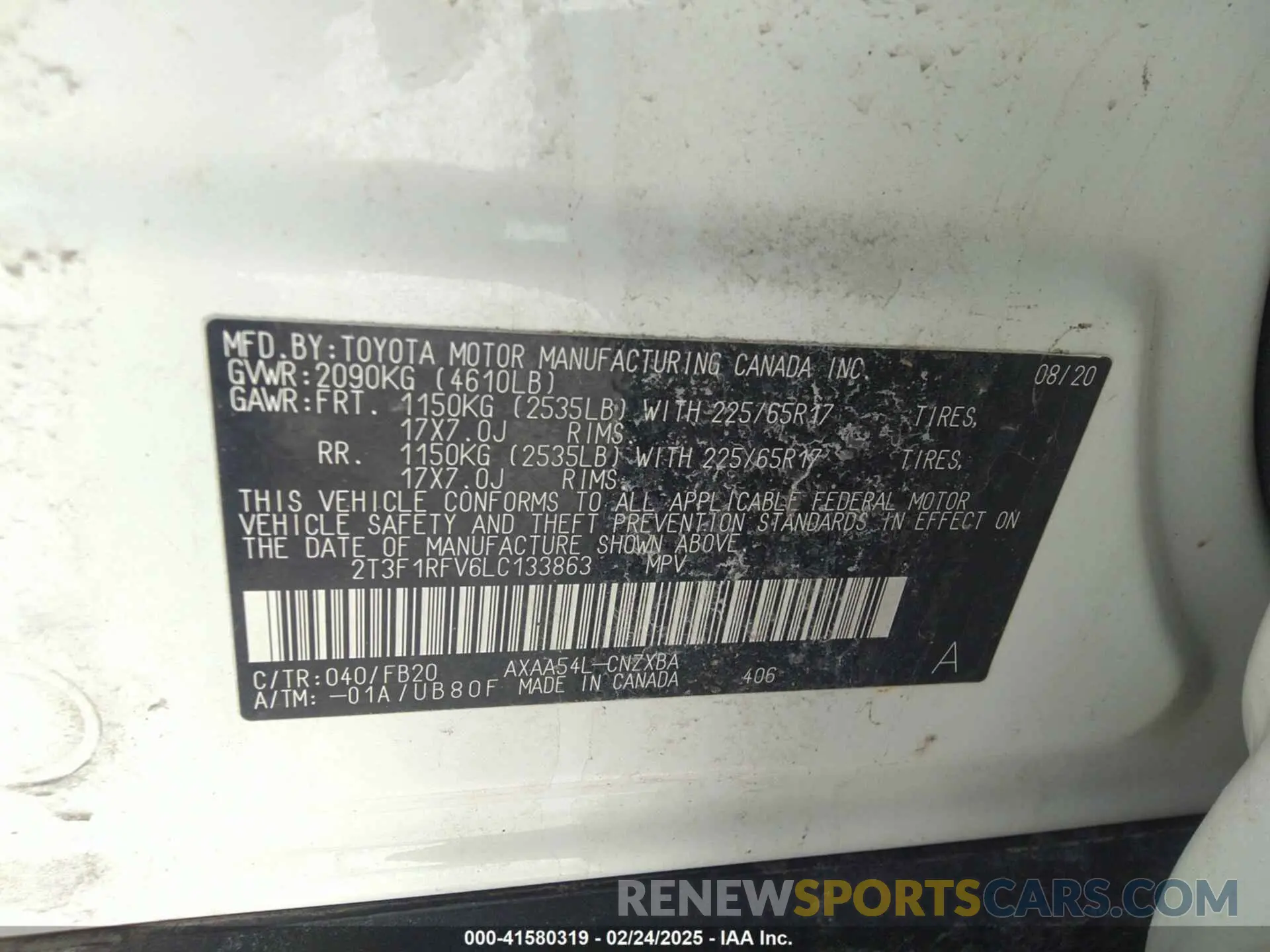 9 Photograph of a damaged car 2T3F1RFV6LC133863 TOYOTA RAV4 2020