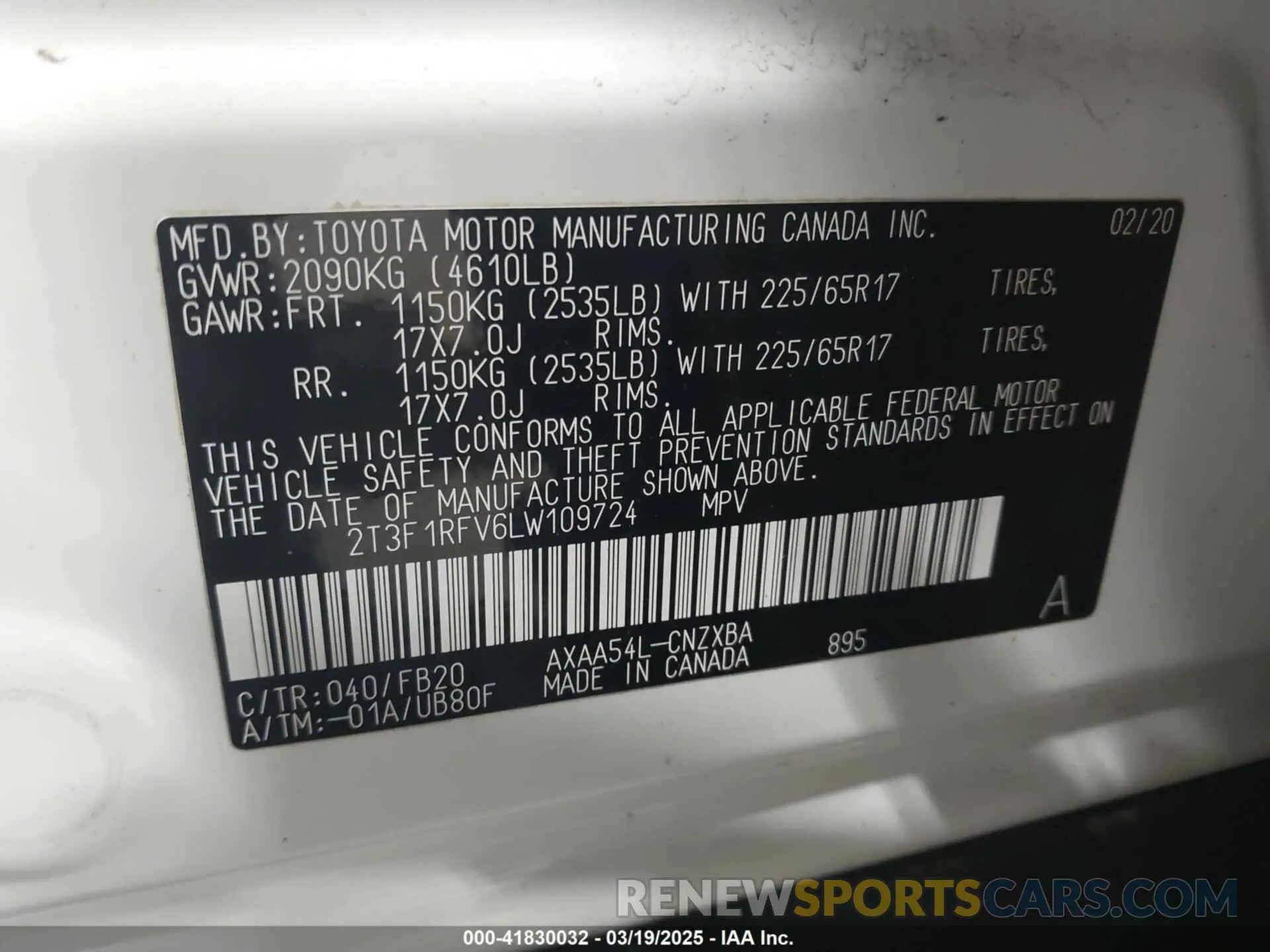 9 Photograph of a damaged car 2T3F1RFV6LW109724 TOYOTA RAV4 2020