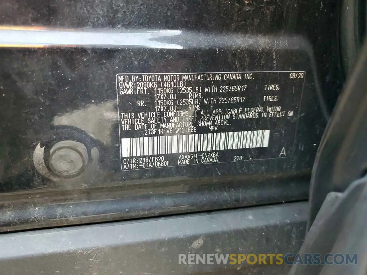 13 Photograph of a damaged car 2T3F1RFV6LW131688 TOYOTA RAV4 2020