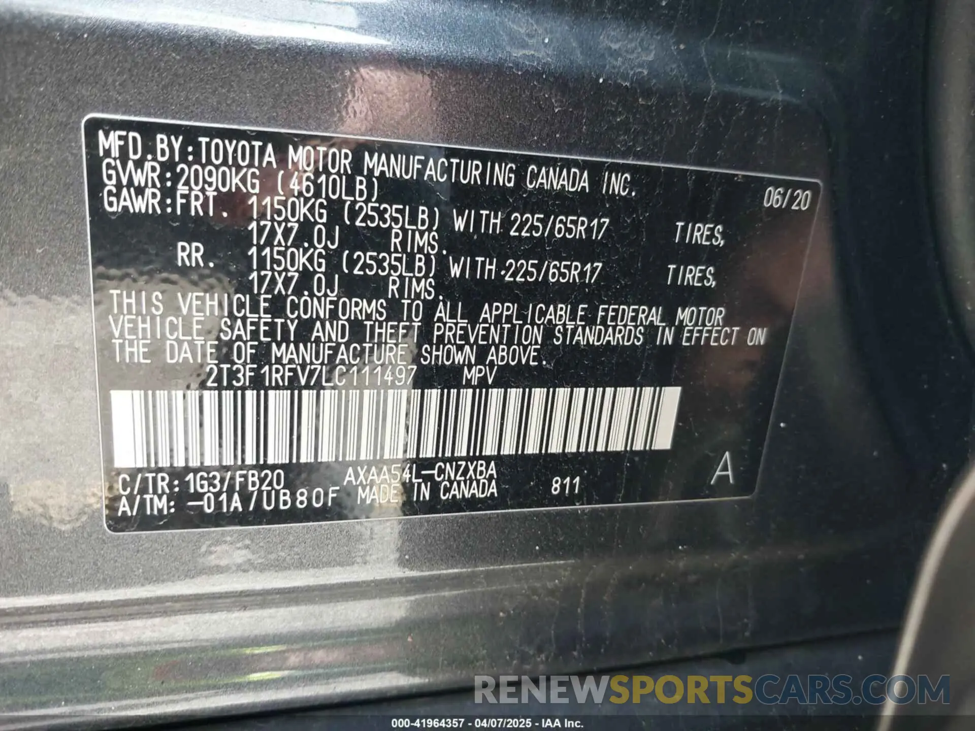 9 Photograph of a damaged car 2T3F1RFV7LC111497 TOYOTA RAV4 2020