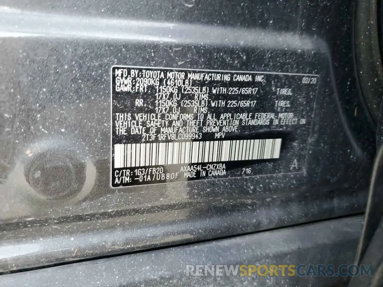 13 Photograph of a damaged car 2T3F1RFV8LC099943 TOYOTA RAV4 2020