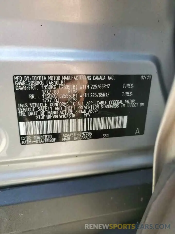 12 Photograph of a damaged car 2T3F1RFV8LW107618 TOYOTA RAV4 2020