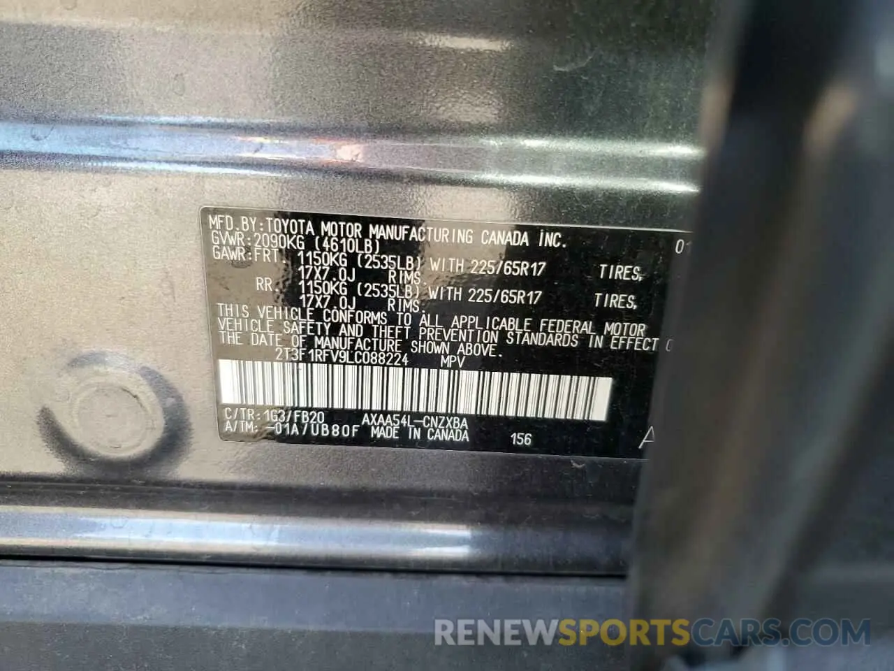 13 Photograph of a damaged car 2T3F1RFV9LC088224 TOYOTA RAV4 2020