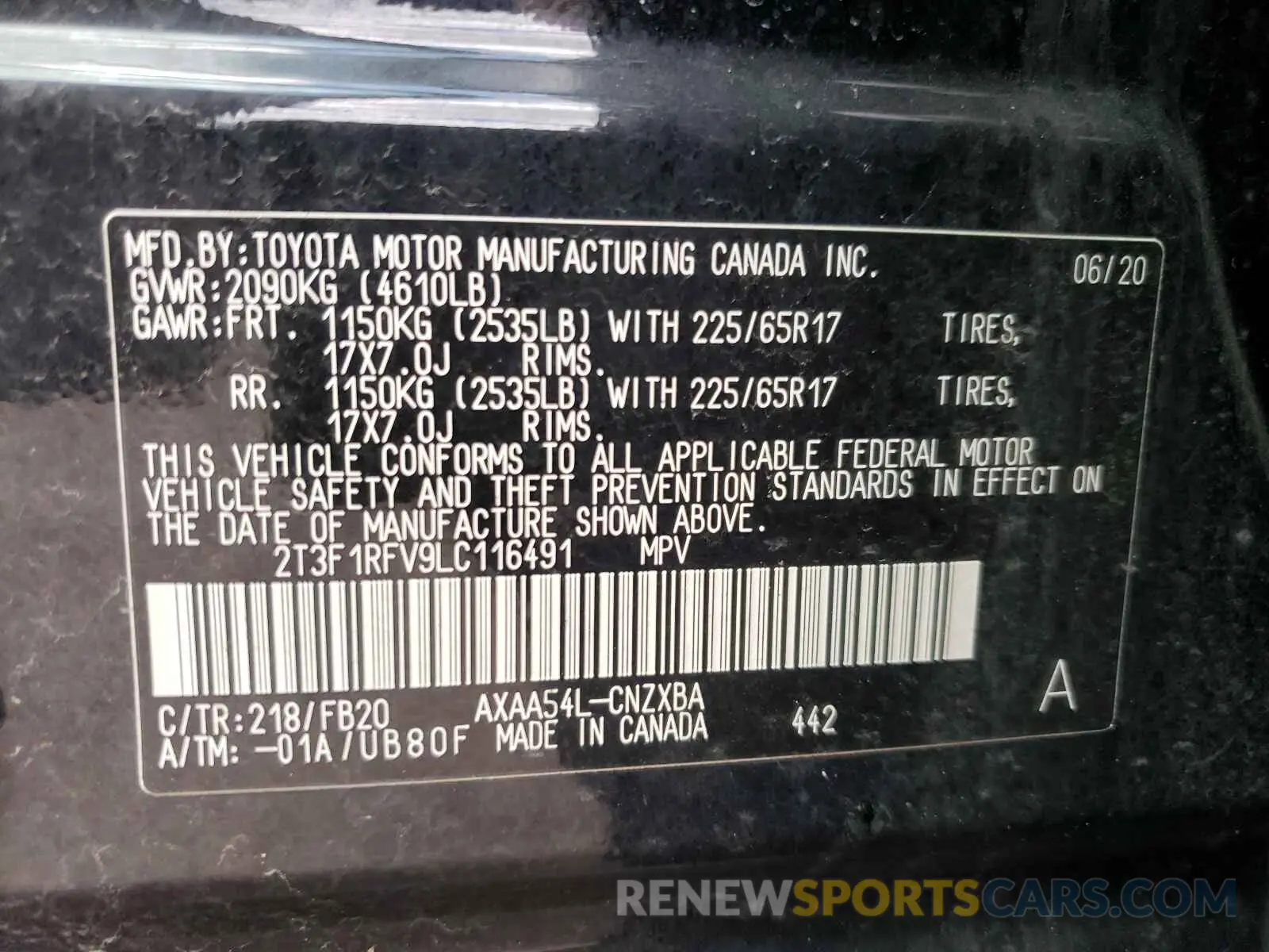 10 Photograph of a damaged car 2T3F1RFV9LC116491 TOYOTA RAV4 2020