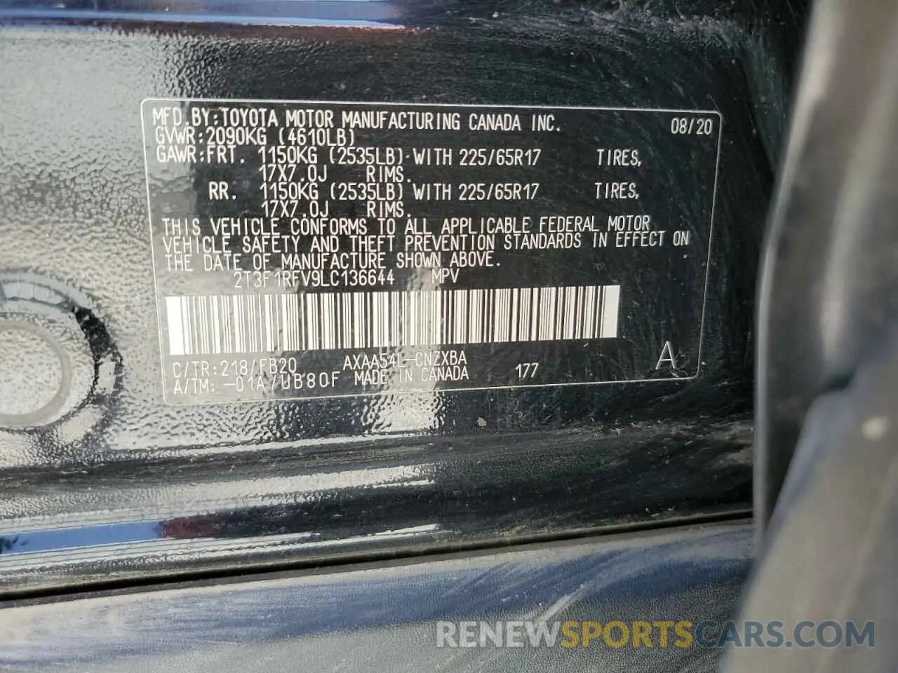 13 Photograph of a damaged car 2T3F1RFV9LC136644 TOYOTA RAV4 2020