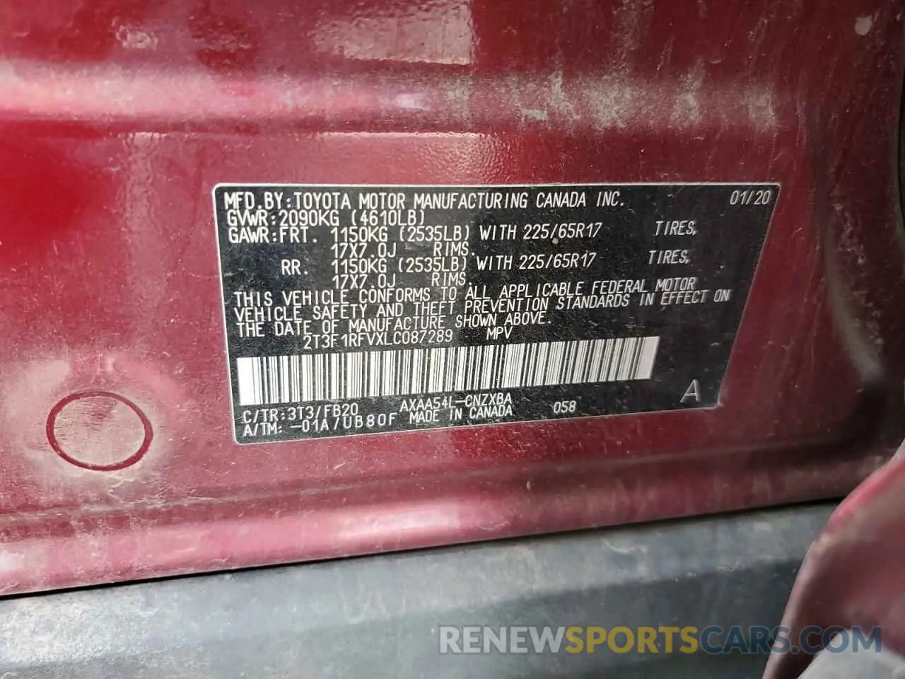 12 Photograph of a damaged car 2T3F1RFVXLC087289 TOYOTA RAV4 2020