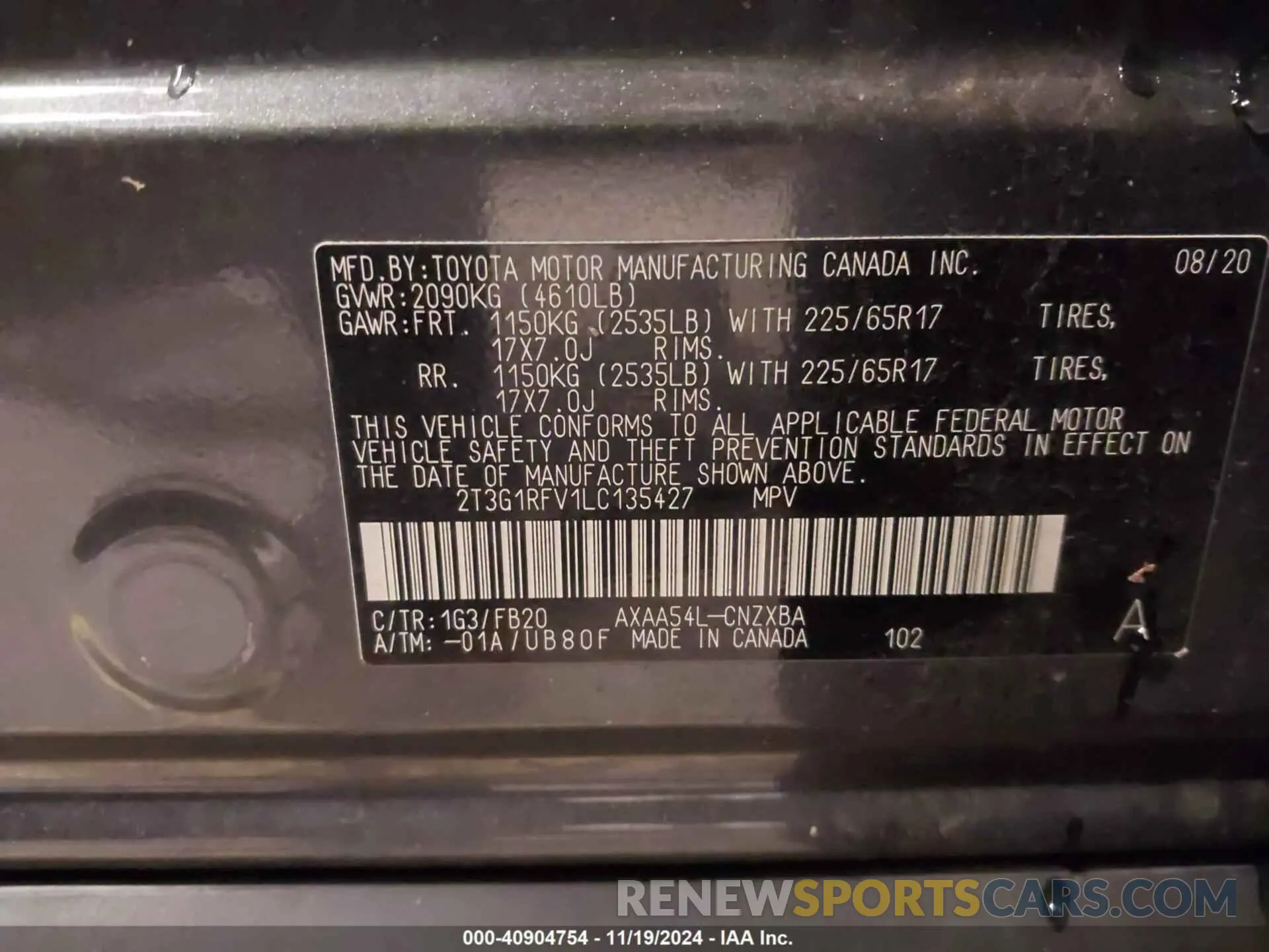 9 Photograph of a damaged car 2T3G1RFV1LC135427 TOYOTA RAV4 2020