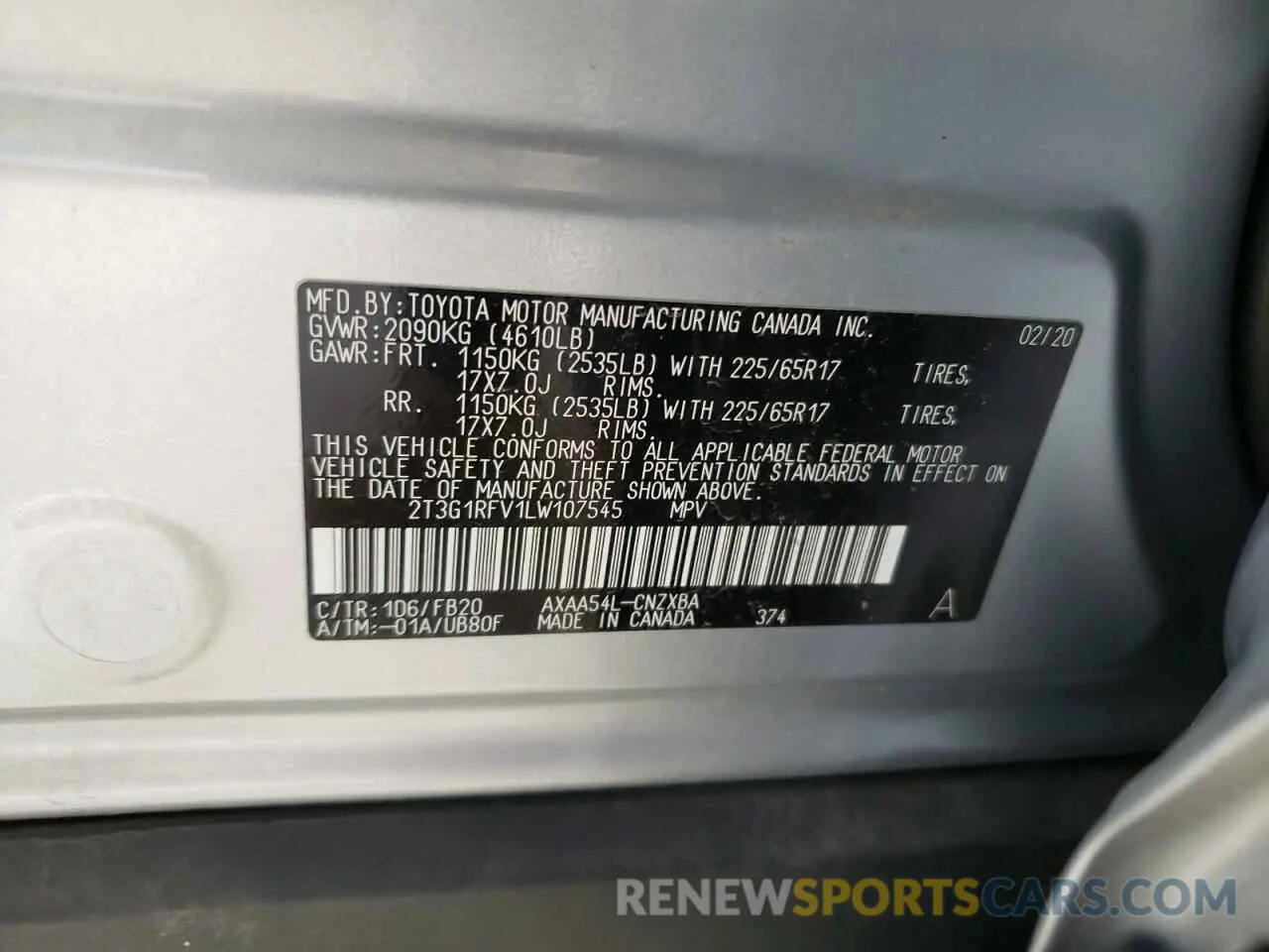 13 Photograph of a damaged car 2T3G1RFV1LW107545 TOYOTA RAV4 2020