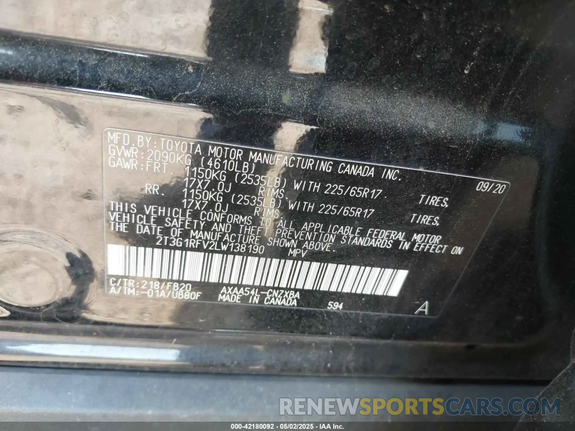 9 Photograph of a damaged car 2T3G1RFV2LW138190 TOYOTA RAV4 2020