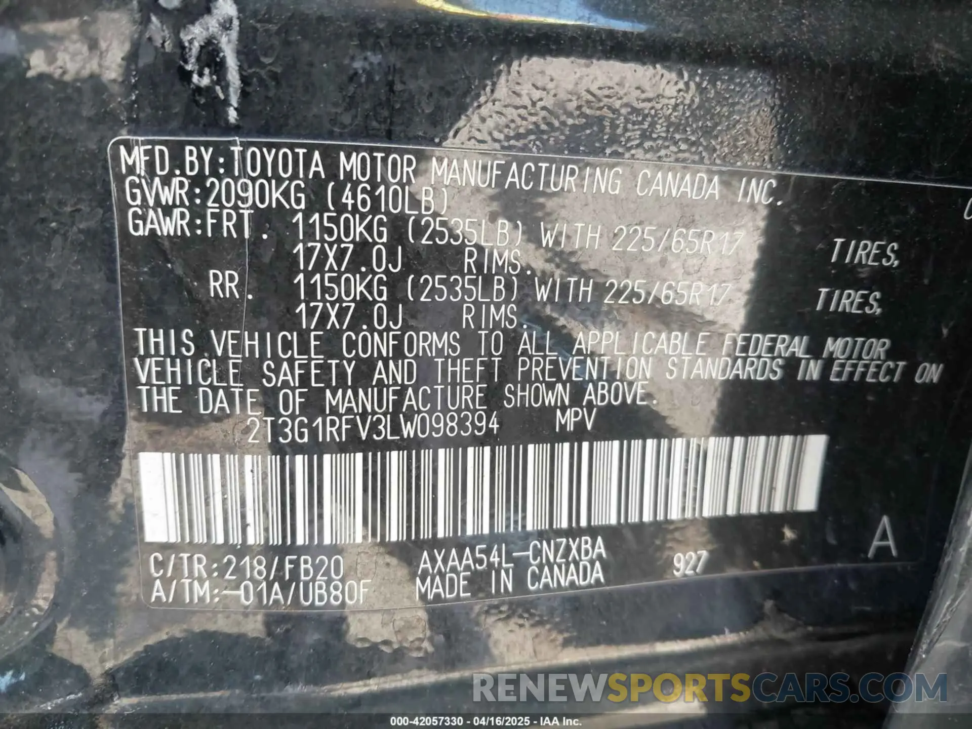 9 Photograph of a damaged car 2T3G1RFV3LW098394 TOYOTA RAV4 2020