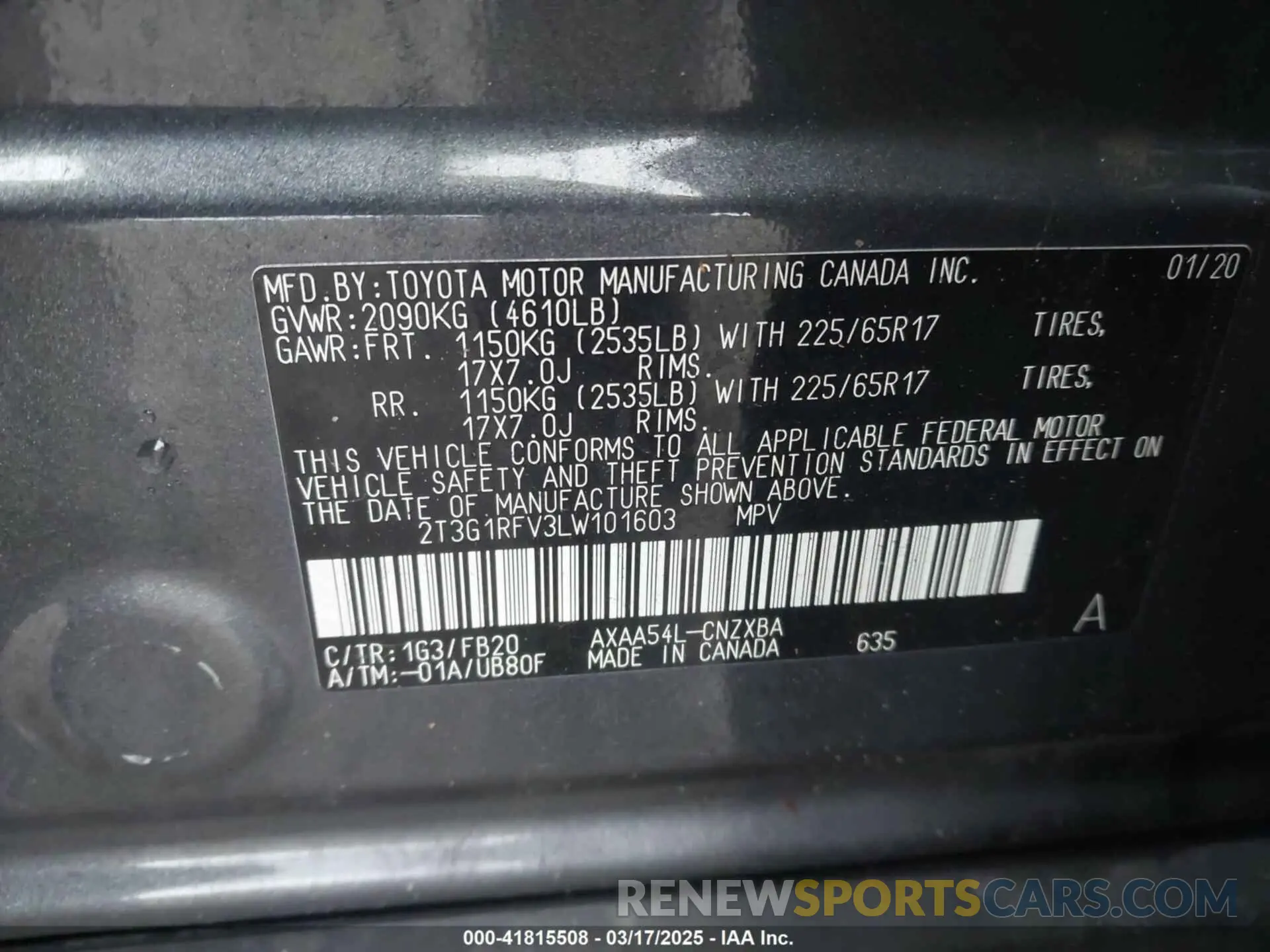 9 Photograph of a damaged car 2T3G1RFV3LW101603 TOYOTA RAV4 2020