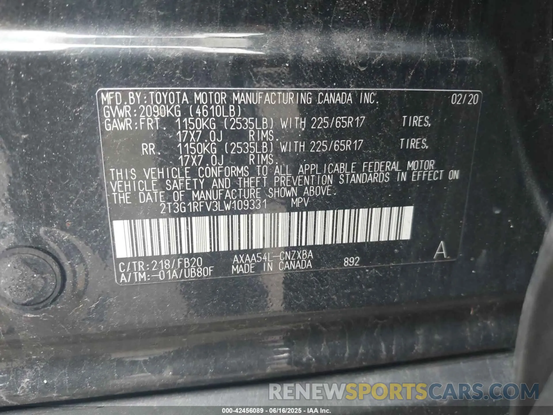 9 Photograph of a damaged car 2T3G1RFV3LW109331 TOYOTA RAV4 2020