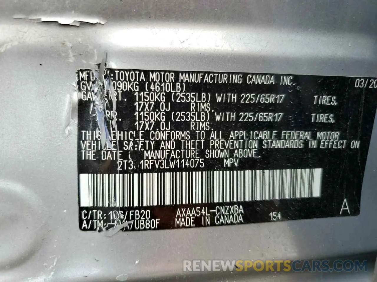 15 Photograph of a damaged car 2T3G1RFV3LW114075 TOYOTA RAV4 2020