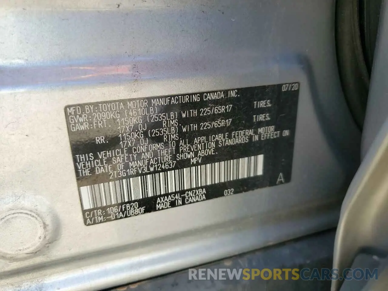 13 Photograph of a damaged car 2T3G1RFV3LW124637 TOYOTA RAV4 2020