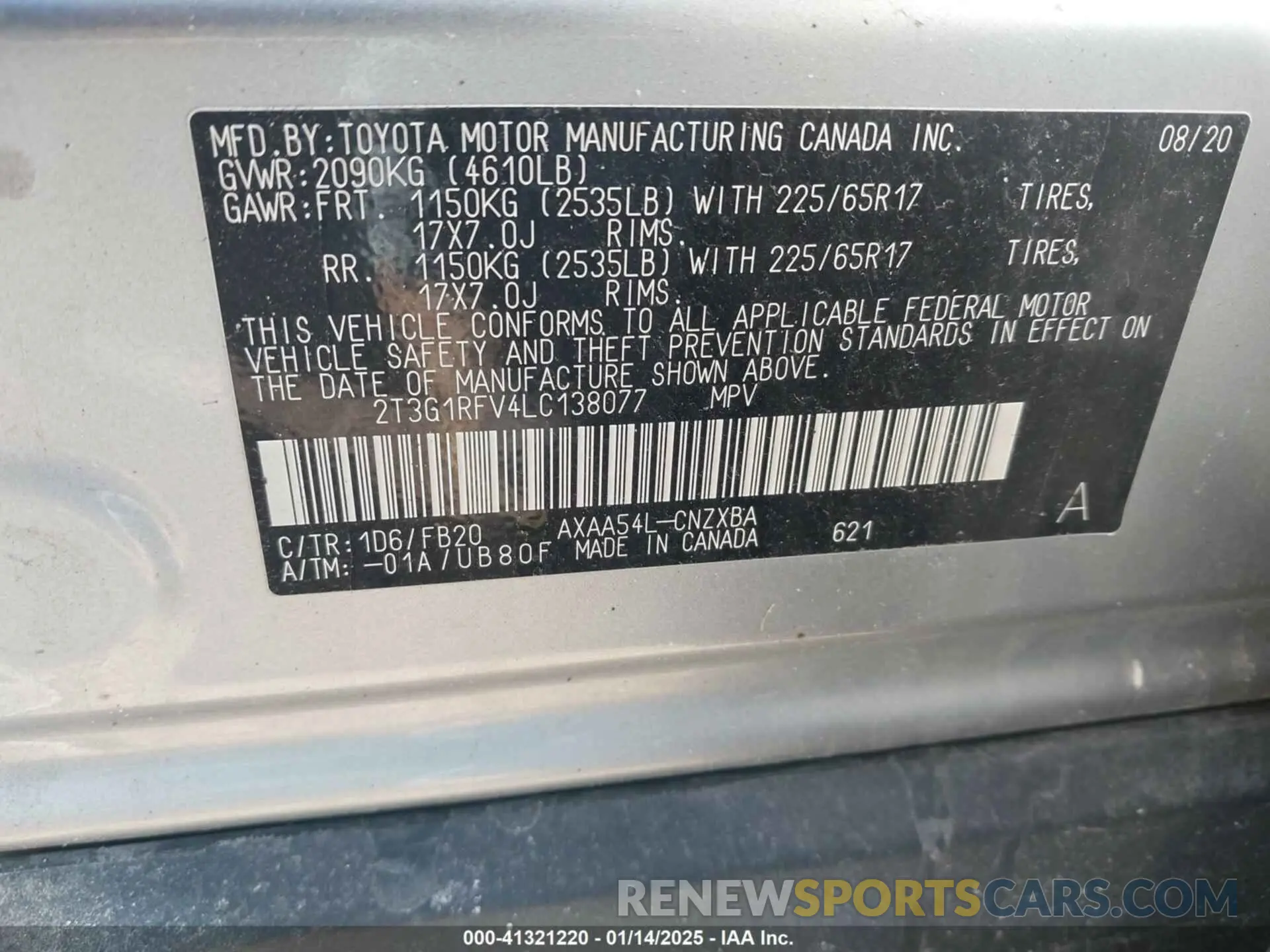 9 Photograph of a damaged car 2T3G1RFV4LC138077 TOYOTA RAV4 2020