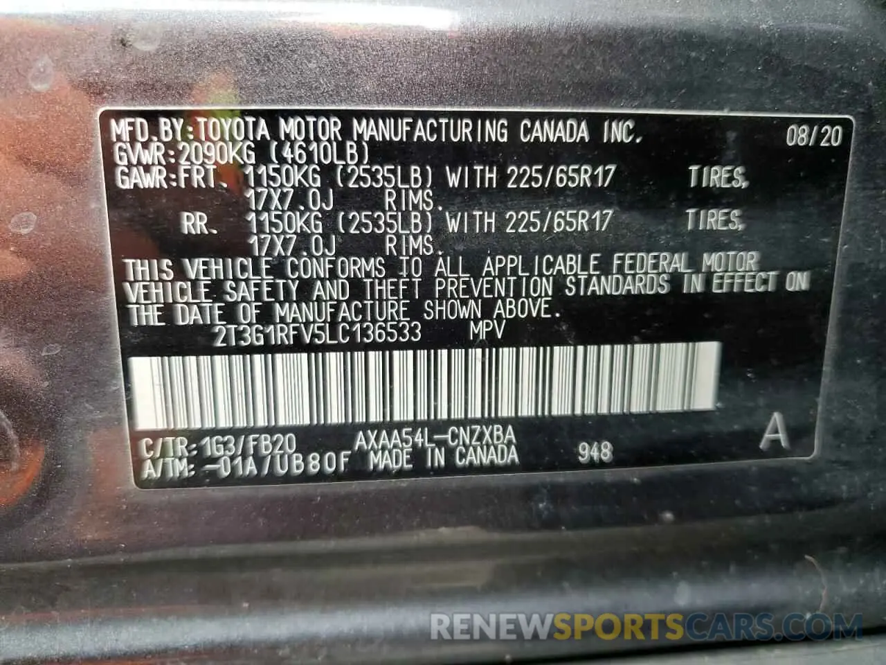 12 Photograph of a damaged car 2T3G1RFV5LC136533 TOYOTA RAV4 2020