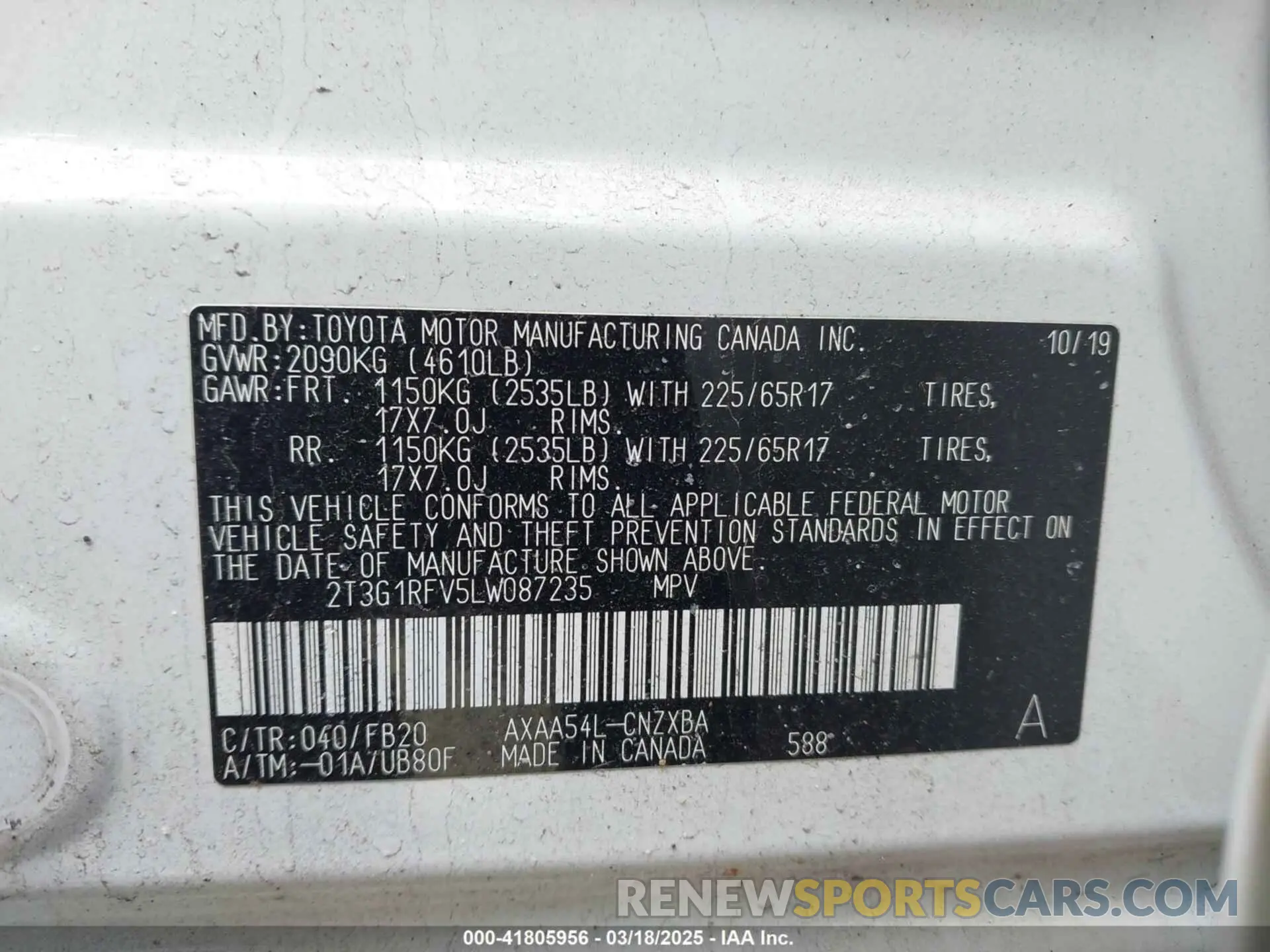 9 Photograph of a damaged car 2T3G1RFV5LW087235 TOYOTA RAV4 2020