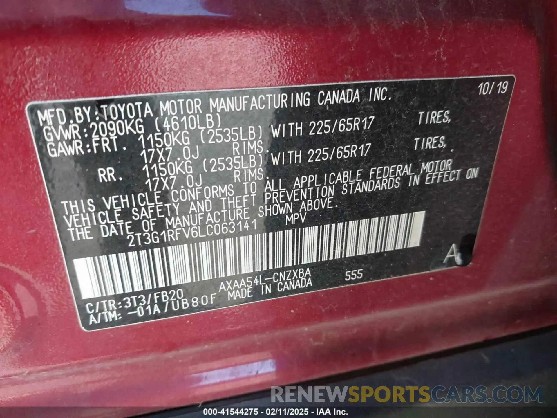 9 Photograph of a damaged car 2T3G1RFV6LC063141 TOYOTA RAV4 2020