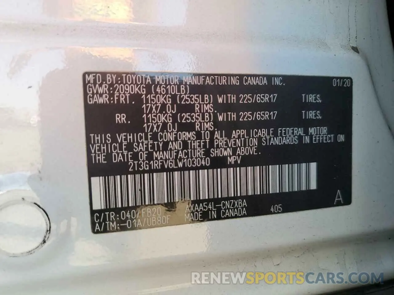 12 Photograph of a damaged car 2T3G1RFV6LW103040 TOYOTA RAV4 2020