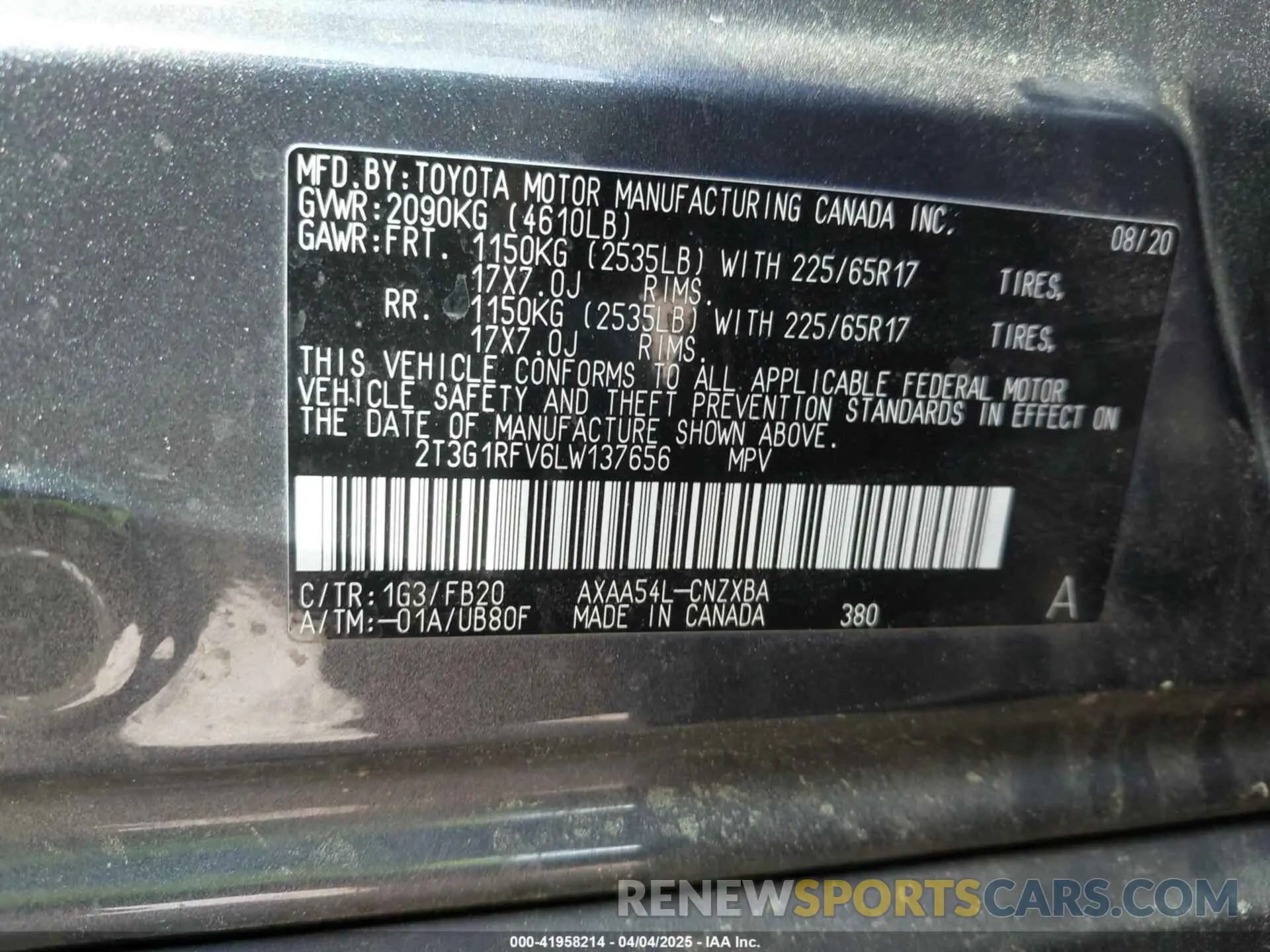 9 Photograph of a damaged car 2T3G1RFV6LW137656 TOYOTA RAV4 2020